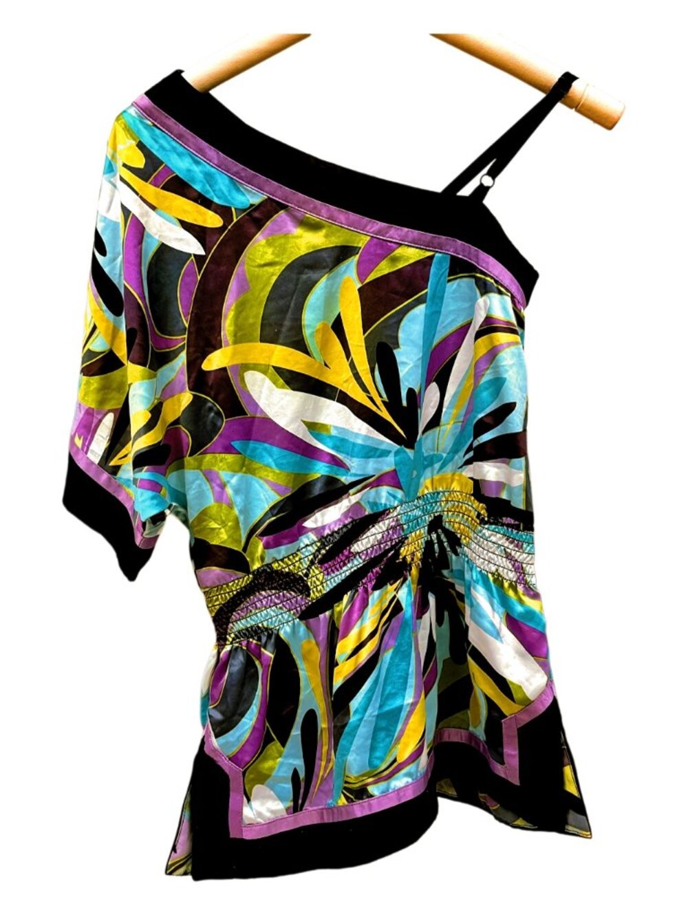 Byline Colorful Blouse Asymmetric Silky Smock Waist Short Sleeve Top Retro Y2k